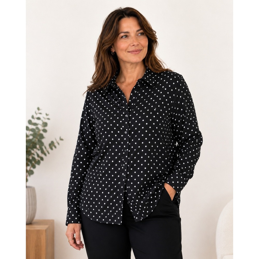 Foxcroft Button Down Shirt Womens 16W Black Polka Dot Wrinkle Free Shaped Fit‎